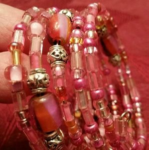 Pink Glass Beaded Wire Wrap Bracelet